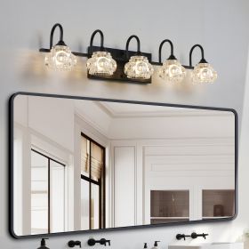 Retro 5-Light Bathroom Vanity Light Fixture - Black Finish with Crystal Glass Shades, Wall Mounted Lighting for Bathroom, Powder Room