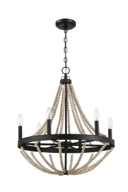 Starry Wood Chandelier Farmhouse Six Candle Light Wood Beaded Black Pendant Light for Dining Room