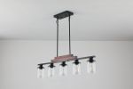 Farmhouse Industrial 5-Light Kitchen Island Pendant Light, Metal Wood Chandelier with Clear Glass Shades